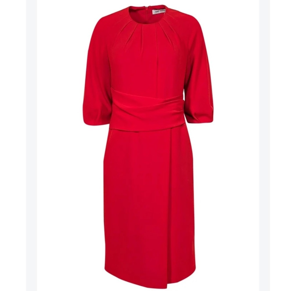 The Fold London Red Arlington Pleated Waist Sheath Dress 3/4 Sleeve